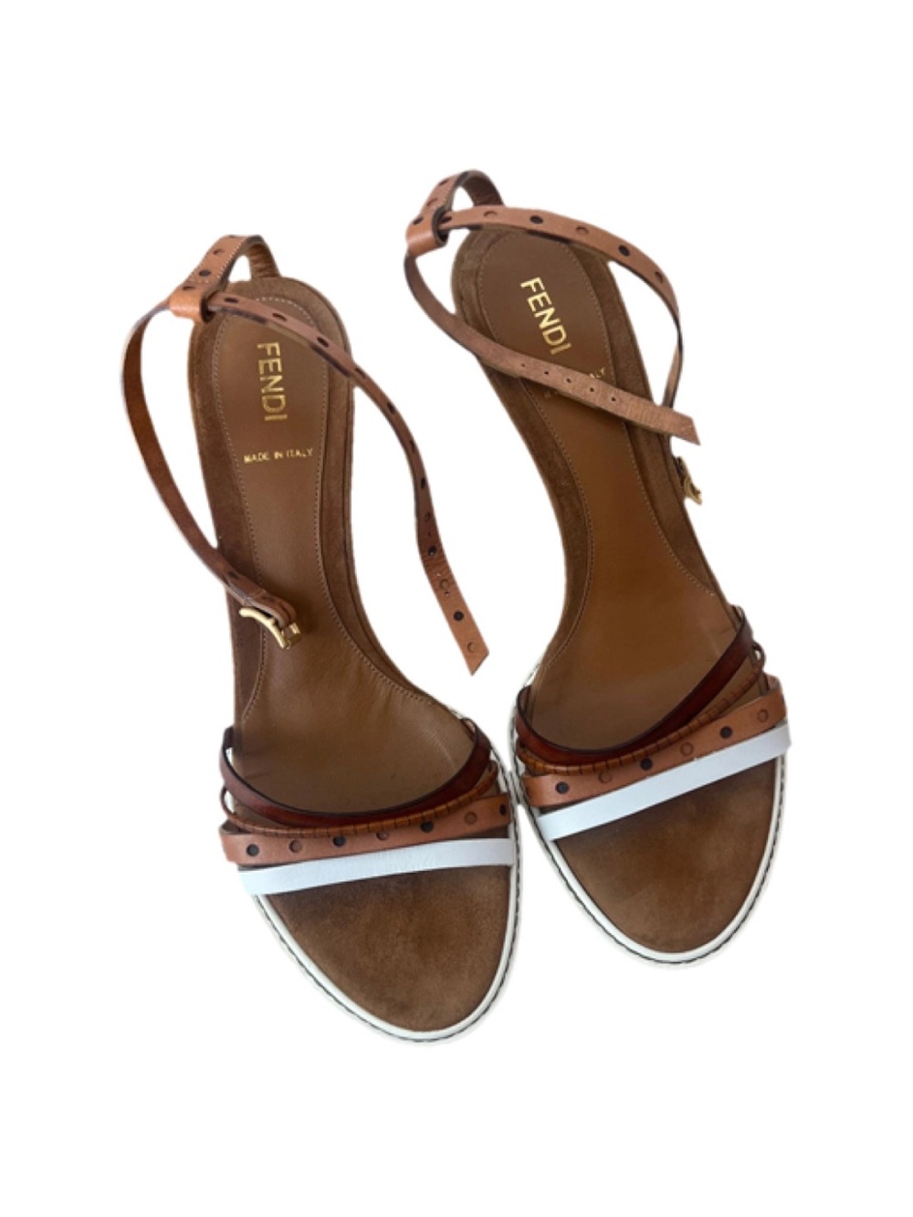 Fendi Brown and White Leather Strappy ankle Heels